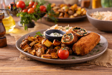 Pork chop rolls stuffed with spinach and mozzarella. Served with sun-dried tomatoes and roasted potatoes.