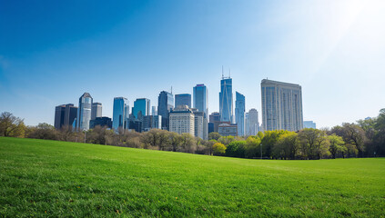 Obraz premium The perfect blend of nature and urban life with a vibrant lawn in front of towering city skyscrapers