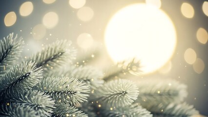 Frosted pine branch with bokeh lights winter holiday background festive season decoration