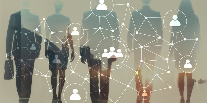 Businesspeople with digital social network icons and hologram overlay on city background