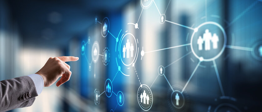 HR Recruitment Structure Global Outsourcing Social network communication concept. Virtual screen