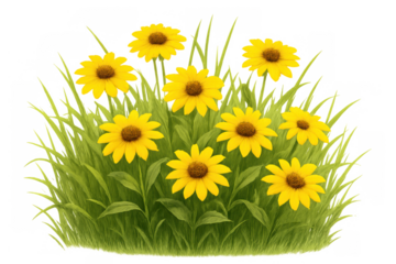 Yellow daisy flowers blooming in green grass field against a transparent background, depicting spring nature or garden