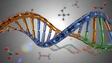 DNA Double Helix Model with Colorful Strands and Molecular Structures.