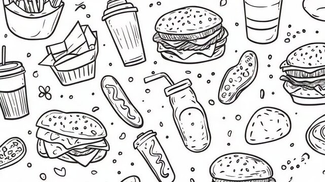 Selective focus. Seamless fast food pattern with hamburger, hot dog, and drink soda