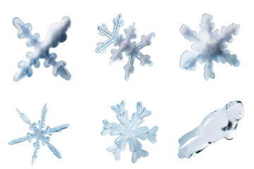 Set of six frozen snowflakes arranged on a transparent background. Each snowflake displays clean geometric shapes. Suitable for Christmas and winter-themed designs