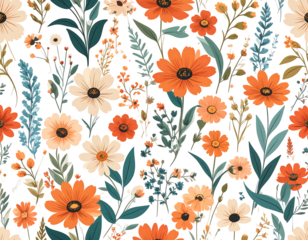 Floral pattern with orange and white flowers with blue sprigs, dark teal leaves on a black background