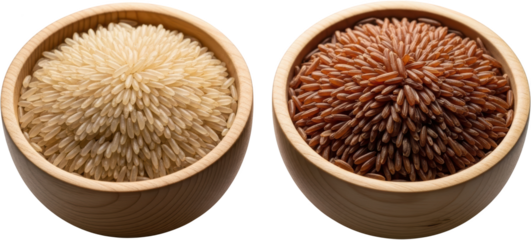 Two wooden bowls filled with different types of uncooked rice grains one with pale beige long grain rice the other with reddish brown long grain rice food
