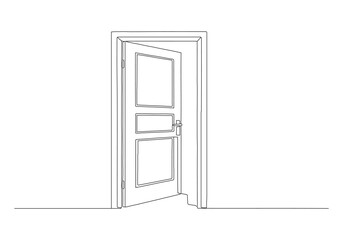 Minimalist continuous line art drawing of an open door, representing new opportunities and entrances and possibilities