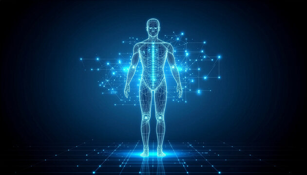AI-powered healthcare visualization, abstract digital human body with glowing networks, 4K - Powered by Adobe