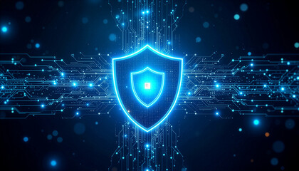  Futuristic cybersecurity concept, glowing shield protecting digital data, 4K
