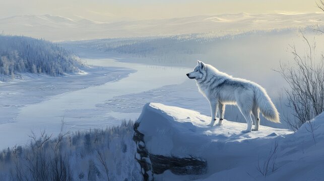 Majestic white wolf atop snowy mountain peak overlooking frozen river valley.