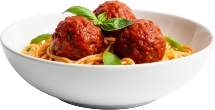 Hearty spaghetti with three beef meatballs in rich tomato sauce garnished with fresh basil leaves in a white bowl pasta Italian food dinner cuisine food