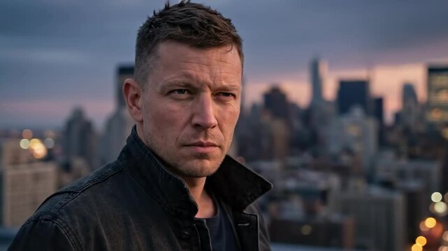 crew cut hairstyle | A man stands pensively on a city rooftop, gazing into the distance as twilight descends, illuminating the skyline with soft lights and vibrant colors
