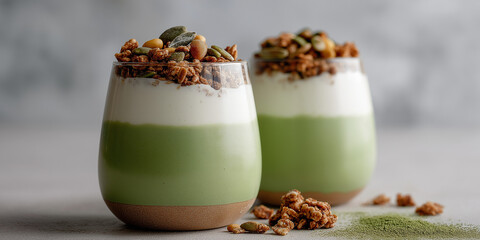 panoramic macro photography of matcha green tea vegan parfait with oat granola