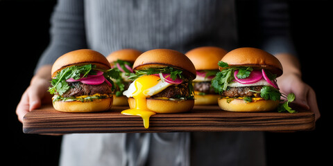 Juicy Burgers with Fried Eggs, Pickled Onions, and Cilantro on Wooden Board