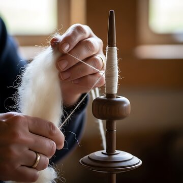 Close-up of hands using a spindle to create yarn or thread at home