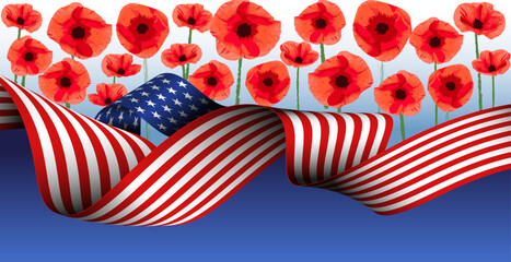 Obraz premium American flag and poppy flowers, USA patriotic banner, background, web, greeting card, poster, holiday cover, label, flyer, layout. Patriotic Social media print for presentation, information