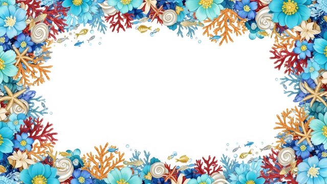 Watercolor frame border with blue flower, coral, starfish, and seashell for summer ocean theme.