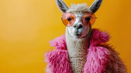 Obraz premium A Stylish Llama Poses Playfully Against a Bright Yellow Background, Sporting Funky Pink Fur and Trendy Sunglasses, Showcasing a Unique Blend of Quirkiness and Charm