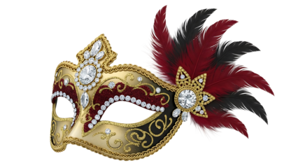 Ornate venetian masquerade ball mask with gold trim and feather isolated on transparent background
