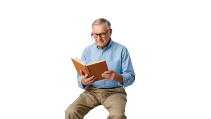Senior man with glasses reading a book isolated on transparent background