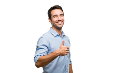 Smiling man giving thumbs up gesture isolated on transparent background