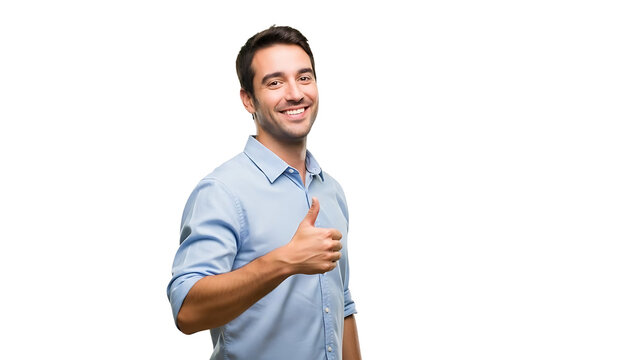 Smiling man giving thumbs up gesture isolated on transparent background