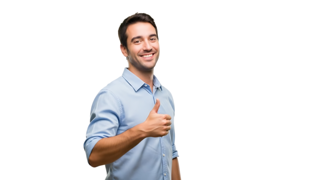 Smiling man giving thumbs up gesture isolated on transparent background - Powered by Adobe