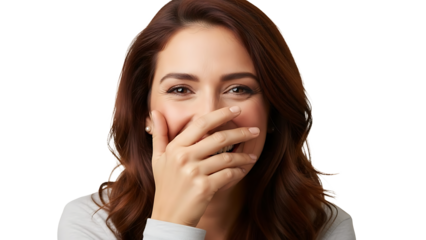 Smiling woman covering mouth with hand isolated on transparent background