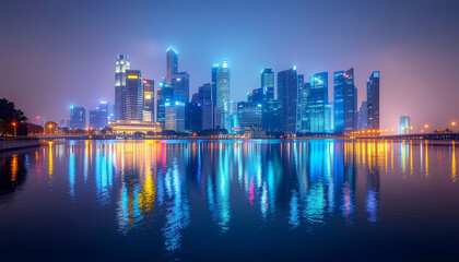 Fototapeta premium Captivating Singapore Cityscape at Night A Symphony of Lights Reflected in the Calm Water