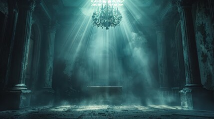 A Hauntingly Beautiful Abandoned Hall: Light Rays Piercing Through Dusty Air, Illuminating a Chandelier in a Decaying Gothic Setting