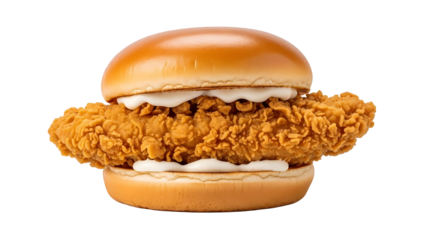 Crispy fried chicken sandwich with mayonnaise isolated on transparent background