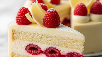 Delicious Raspberry Cake Slice with White Chocolate Shavings.