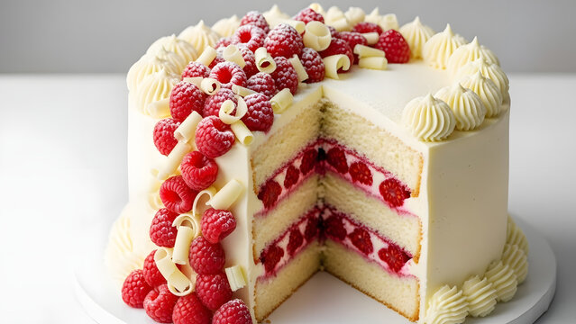 Delicious White Chocolate Raspberry Layer Cake with Fresh Berries.