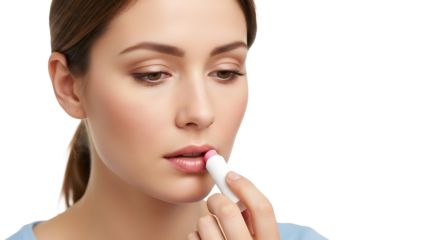 Woman applying pink lip balm or lipstick isolated on transparent background