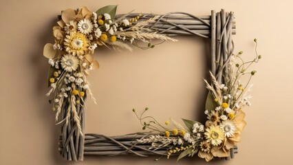 Rustic twig frame decorated with dried yellow and white flowers and natural elements against a beige background.