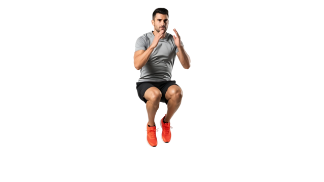 Man performing a jump squat exercise isolated on transparent background