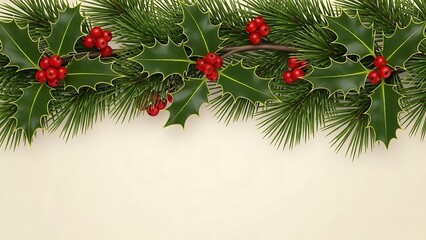 Green holly leaves and red berries with pine branches border image