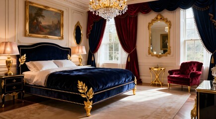 Opulent bedroom interior design featuring velvet bed with gilded leaf accents