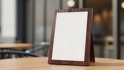 Blank Menu Board on Wooden Table in Restaurant.