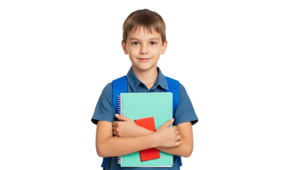 Smiling school boy with backpack and notebook isolated on transparent background