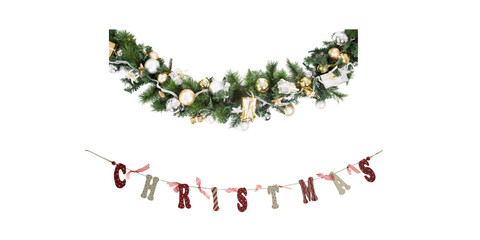 Festive Christmas garland with elegant gold and silver ornaments, paired with a charming handmade Christmas banner for a warm holiday celebration