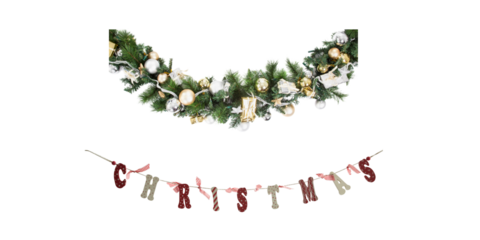 Festive Christmas garland with elegant gold and silver ornaments, paired with a charming handmade Christmas banner for a warm holiday celebration