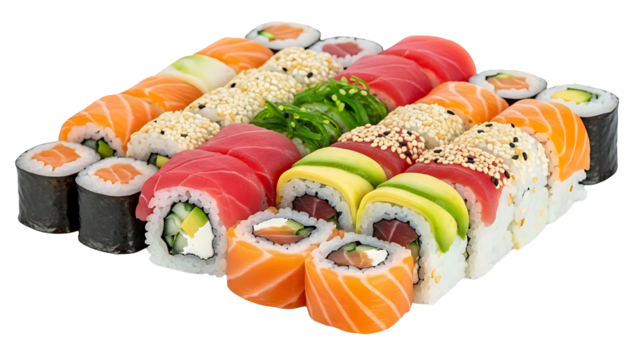 Assortment of colorful sushi rolls with fresh fish and vegetable filling isolated on transparent background - Powered by Adobe