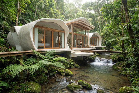 Modern eco lodge with organic concrete architecture beside a rainforest stream, tranquil retreat with glass walls, wooden deck and flowing water for sustainable travel and nature escape