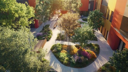Residential courtyard with lush landscaping.  A serene outdoor space within a complex of colorful buildings.  Well-maintained pathways wind through the garden beds, providing spaces for relaxing
