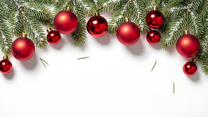Red Christmas ornaments on frosted pine branches white background bauble decoration