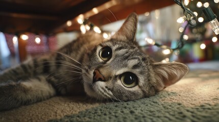 Cozy tabby cat under twinkling lights: festive holiday scene with adorable feline
