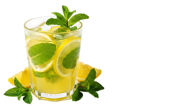 Refreshing glass of lemonade with lemon slice and mint isolated on transparent background