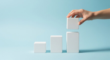 Growth Progress Concept with Hand Building Steps Using White Blocks on Blue Background